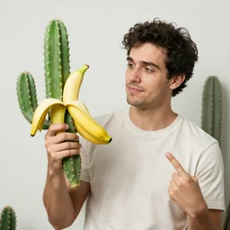 A man holding a banana looking like a cactus