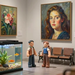 plasticine model of stop motion figures clay. minimal. tilt shift. fish tank in waiting room. photorealistic. gallery with paintings of flowers