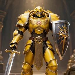 dynamic portrait of a intricate glorious holy mechanical warforged character in yellow armor holding a paladin engraved great longsword and carrying a big paladin shield, spotlight from face , epic , trending on ArtStation, masterpiece,  cinematic lighting, by Jesper Ejsing and by Yoann Lossel and by John Salminen and by Jackson Pollock and by Marc Simonetti