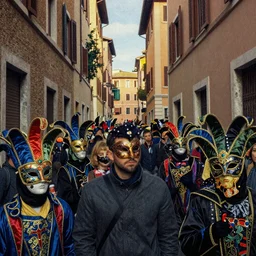 carnival masks in narrow crowded streets of Rome, by Egon Schiele