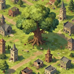 fantasy setting with a huge tree in the middle, various slightly damaged buildings, isometric zoomed - in view, artstation, digital art