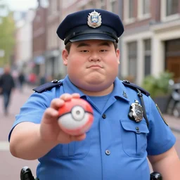 closeup portrait of throwing a pokeball at a fat police officer in an amsterdam street, natural light, sharp, detailed face, magazine, press, photo. steve mccurry, david lazar, canon, nikon, focus
