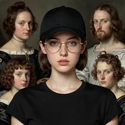 a beautiful portrait, cool short haired girl, gold frame glasses, black baseball cap, black t - shirt, by john samuel agar and sofonisba anguissola and pietro annigoni and giuseppe arcimboldo and francis bacon and elizabeth bakewell, trending on artstation