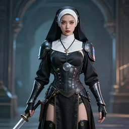 photo of a fantasy cyberpunk nun warrior