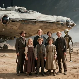 detailed, 32768k film still from a sci fi blockbuster color movie made in 2019, set in 1860, of a family standing in front of a spaceship that has just landed on an alien planet, a humanoid alien creature stands nearby, the family are all wearing 1860s era clothes, good lighting, good photography, in focus