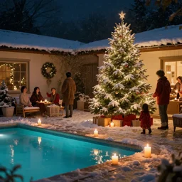 a nostalgic christmas night with a christmas tree half - covered with snow and people celebrating with candles near pool
