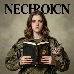 photo of the girl, her cat and her necronomicon book, symmetrical, cinematic, real dlsr photography, sharp focus, 4 k, ultra hd, sense of awe, military journal cover