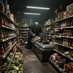 Orc's in a dark scary supermarket in Mordor, very wide shot, shelves are full of arcane wares, tinctures, mouldy vegetables, dark coloured toiletries and animal body parts. Sauron is working on each checkout. 8k render