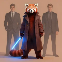 red panda in a coat with blue lightsaber, art by cushart krentz and greg rutkowski, male person concept art, elegant, morandi color scheme, 8 k resolution, octane render, commission art