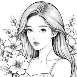beautiful woman surrounded by flowers, beautiful line art, ink illustration, sketch, pure b & w, highly detailed