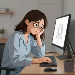 tired girl in pyjamas working on computer, tired, rings around eyes, digital art, drawing, artstation