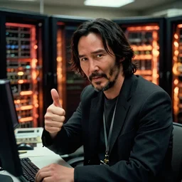 Keanu reeves as a system administrator, doing a thumb up, servers in flames in the background, 35mm