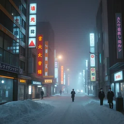 akihabara on a snowy night, orange lights, fog