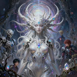 muted vaporwave ombre matte painting beautiful sinister nordic alabaster female skullpunk spirit guardian, sleek iridescent euro shades enchanted intergalactic mecha garden, man machine chimeric beholder polyphemous, power crystals trigger powerful psychotropic frequencies singularity, nagel, artgerm, wlop, james jean, andrei riabovitchev, marc simonetti, yoshitaka amano, artstation, cgsociety