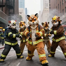 A group of firefighters trying their best to hold back and stop furries wearing fursuits from taking over the city