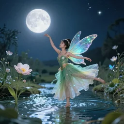 A flower and magical fairy dancing in a river with de moon glow in the background
