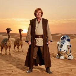 photoshoot of comedian red foxx as obi - wan kenobi, tatooine, sunset, dunes, dewbacks, sand people, droids, star wars, photorealistic, atmospheric, photographed in the style of annie leibovitz - h 6 4 0