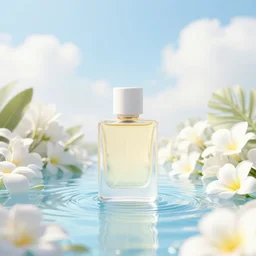 centered bright perfume bottle standing in clear blue rippling water surrounded by a plethora of white flowers and tropical leaves and fauna upfront, with dreamy bright blue sky and clouds in the background, softly - lit, soft - warm, zen, light, modern minimalist f 2 0 clean