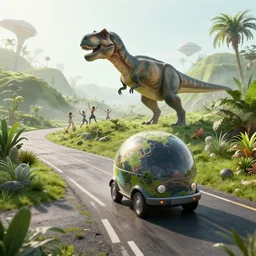 a spherical car driving down the road with a tyrannosaurus rex and humans dancing in the background, smoky, green hills, many interstellar plants, futuristic concept design, airy landscape, high detail rendering by octane, unreal engine, 8 k, cinematic grade.