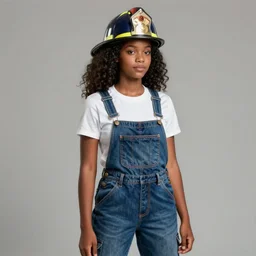full body portrait of young black woman as a firewoman, white t - shirt and blue denim overalls, firemans hat, intricate, beautiful and elegant, highly detailed, digital painting, artstation, concept art, smooth, sharp focus, illustration, art by wlop, mars ravelo and greg rutkowski