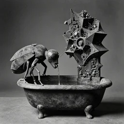 extreme harsh lighting antique photograph of geometric surreal sculpture of a humanoid insect drinking from a poison bathtub, made of charcoal and black plaster and old circuitry, fractal 3 d structure, sculpted by alexander rodchenko and eva hesse, photographed by francesca woodman, tragic grainy high contrast shocking detail trending on artstation 8 k