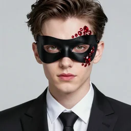 man with black mask wearing suit and tie, an absurdly beautiful, elegant, young hypercolorful sensual gravure idol partially made up of rubies and red gems, ultrafine hyperrealistic detailed face illustration by kim jung gi, irakli nadar, intricate linework, sharp focus, bright colors, matte, octopath traveler, final fantasy, unreal engine highly rendered, global illumination, radiant light, intricate environment