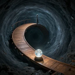 a ramp in a vortex hooks up to a higher level, with an entranced figure looking down at it, a wooden platform and an altar with a glowing crystal ball in the center