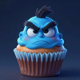A humanoid tasty looking cupcake with bushy eyebrows and grumpy face, blue light, extra detailed, digital illustration, by OLIVER ENDE, digital painting, Matte painting, trending on artstation and unreal engine