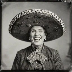 Daguerreotype of witch wearing a large mexican hat, laughing