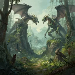 a beautiful digital illustration painting of a detailed gothic fantasy valley and forest dragon technology scifi robot encroaching up nature fey unseelie, by benoit b. mandelbrot, steven belledin, martin johnson heade, lee madgwick, caspar david friedrich, and david rios ferreira. 8 k resolution trending on artstation concept art digital illustration