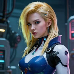 cyberpunk 2 0 7 7 screenshot. thousandyardstare aside. close face portrait. dbz robotics lab bg. scene of beautiful pretty strong feminine cybertronic blonde androideighteen by norman rockwell. character by akira toriyama. bodysuit. lighting by james gurney. masterpiece. digital. trending on artstation. artgerm mucha rutkowski.