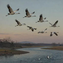 A detailed matte painting of a flock of cranes flying upwards from river, water dripping,evening, Moebius, Artstation