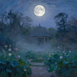 mystical kew gardens, mist, full moon, by paul lehr, monet