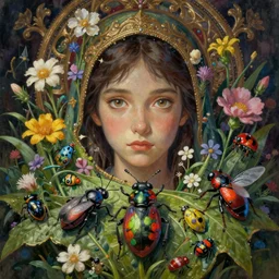 breathtaking detailed concept art painting of the goddess of colourful bugs and meadow flowers, orthodox saint, with anxious, piercing eyes, ornate background, amalgamation of leaves and flowers, by Hsiao-Ron Cheng, James jean, Miho Hirano, Hayao Miyazaki, extremely moody lighting, 8K
