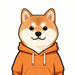 a shiba inu wearing an orange hoodie, pixel art