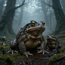 evil toads in the forest, foggy, atmospheric, highly detailed, realistic, gothic horror, gerald brom