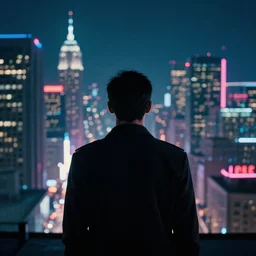 2 0 1 8 blade runner movie still man looking at the cityscape from roof, neon, back of body and head