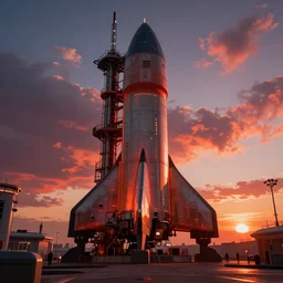 futuristic steampunk rocket launch station, baikonur, stunning volumetric lighting, sundown, trending on Artstation, 8k, photorealistic, hyper detailed, unreal engine 5, cinematic, epic lighting, cryengine, octane render, cyberpunk, red and orange glow