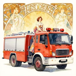 a watercolor portrait illustration by sui ishida and alphons mucha of a korean woman riding on a firetruck 8 k