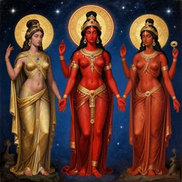 mayan, three crimson - skinned characters as goddesses and gods, classicism roman renaissance painting, eva poster, fantastical greek art, hindu latina idol obsidian skin cyberpunk, favourite movie still, cycles, highest quality, golden ratio, very colorful, exquisitely tasteless, starry sky, heresy, orthodox icon