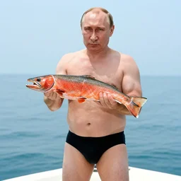 7 0 s movie still of putin in mankini, proudly holding a salmon. cinestill 8 0 0 t _ 3 5 mm eastmancolor, heavy grain, high quality, high detail