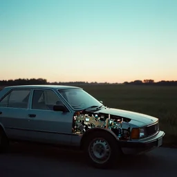 1 9 7 0 s car with exposed circuit boardy, silhouettes in field behind, film photo, soft lighting album cover, nostalgia, turquoise gradient