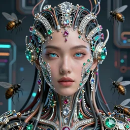 very beautiful woman integrating with technology, full face frontal centered, portrait, insipiring, detailed intricate ornate cables connected to head, big open electric eyes, luxurious detailed abundent wiring and implants, diamonds, ruby, sci - fi, neon, emeralds, detailed technology background with cyber - insects, highly detailed, artstation, 8 k, by laurie greasley