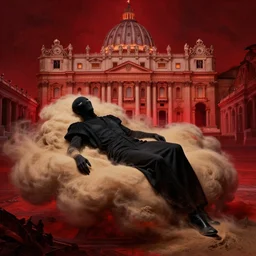 king of dreams, sandman, gareth pugh aw 2 0 1 1, in hoc signo vinces, vatican in background, cloud of sand, dreaming, in the style of beksinski, part by h max ernst, part by rodcenko, part by hofbauer, intricate composition, red by caravaggio, insanely quality, highly detailed, masterpiece, red light, artstation