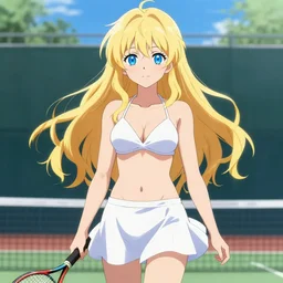a very beautiful young anime tennis girl, confident, full body, long wavy blond hair, sky blue eyes, full round face,, bikini, miniskirt, front view, mid - shot, highly detailed, cinematic wallpaper by stanley artgerm lau