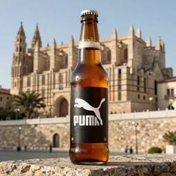 a beer branded as PUMA with a incredibly modern and trendy Puma logo on it with Palma Cathedral in the background, highly detailed, octane render, k, cinematic, high detail, unreal engine, 8k, High contrast, golden ratio, trending on cgsociety