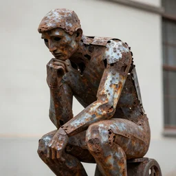 the thinker statue made of metal scraps, rusty, corroded, 8 k, high quality