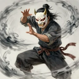 a man in a tengu mask controlling the wind with his hands, dynamic, action pose, digital painting, WLOP, trending on artstation, 8k, epic composition, highly detailed, sharp focus