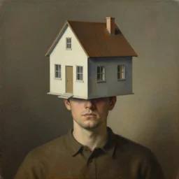 A detailed surrealism painting of a man with a head looking like a house