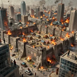 climate change migrant crisis outside heavily fortified city walls with burning villages in the background city while citizens stare from skyscrapers, by cedric peyravernay, by kilian eng, high detail, digital painting, industrial art style, death stranding art style, cinematic lighting, artstation, cgsociety, unreal engine 5 render, octane render, 3 5 mm film grain